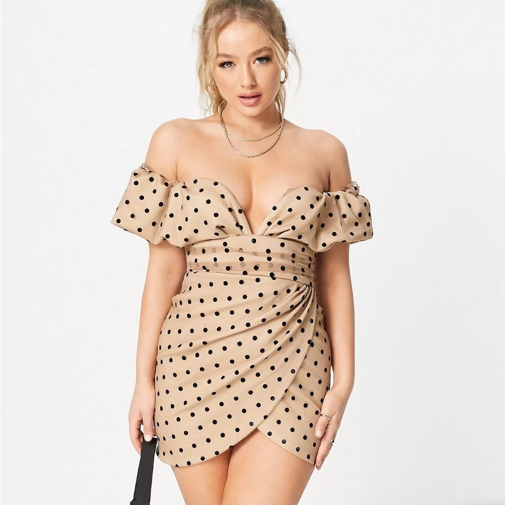 ASOS DESIGN spot mesh bardot plunge mini dress in beige